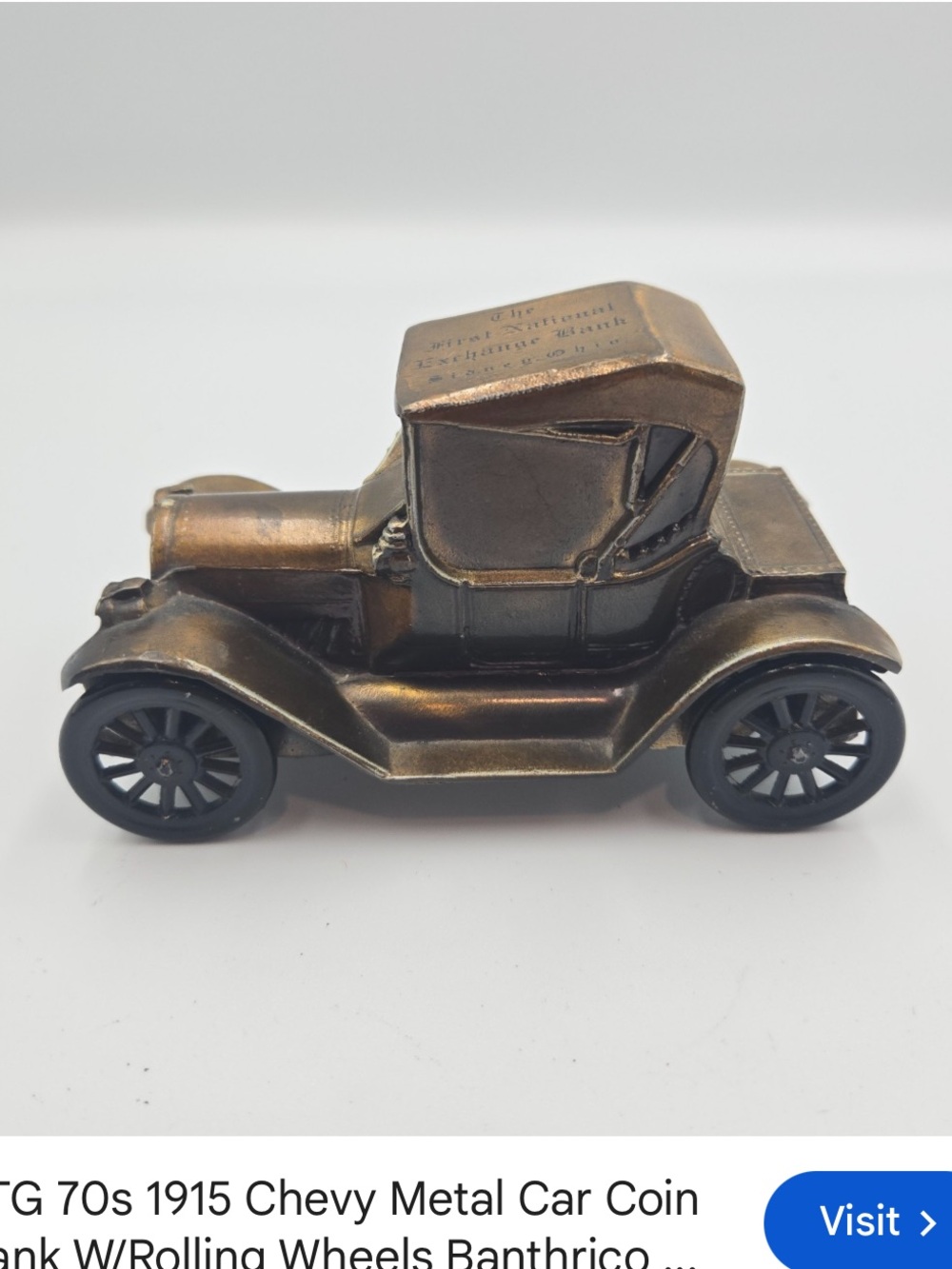 Vintage 1915 Chevy Metal Car Coin Bank w/Rolling Wheels Banthrico Chicago USA